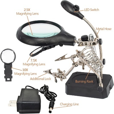 LED Lighted Magnifying Glass Soldering Station | 2.5X 7.5X 10X Hands-Free Magnifier with Clips LED Lighted Magnifying Glass Soldering Station | 2.5X 7.5X 10X Hands-Free Magnifier with Clips