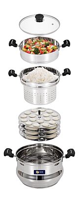 LLM Stainless Steel 5 in 1 Multi Propose Steamer with Idly pltaes, steamer Bowl & Stainer Bowl