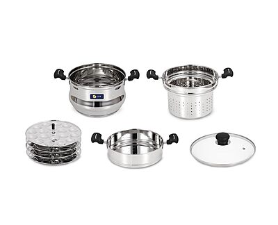 LLM Stainless Steel 5 in 1 Multi Propose Steamer with Idly pltaes, steamer Bowl & Stainer Bowl
