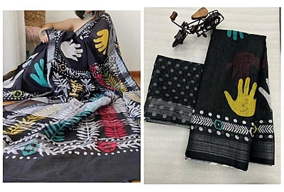 Linen Printed Saree-Black