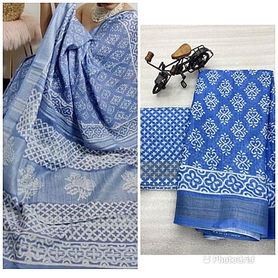 Linen Printed Saree-Blue