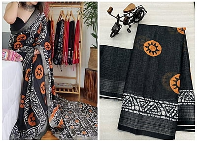 Linen Printed Saree-Mustard