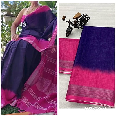 Linen Printed Saree-NavyBlue