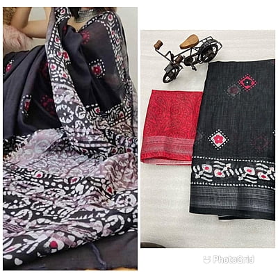 Linen Printed Saree-White