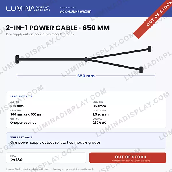 2-in-1 LED power splitter cable 650 mm, 1.5 sq mm, main run with two branch legs – Lumina