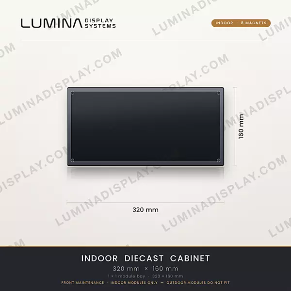 Aluminium diecast indoor LED cabinet 320 x 160 mm with 8 magnet mounts, front service – Lumina