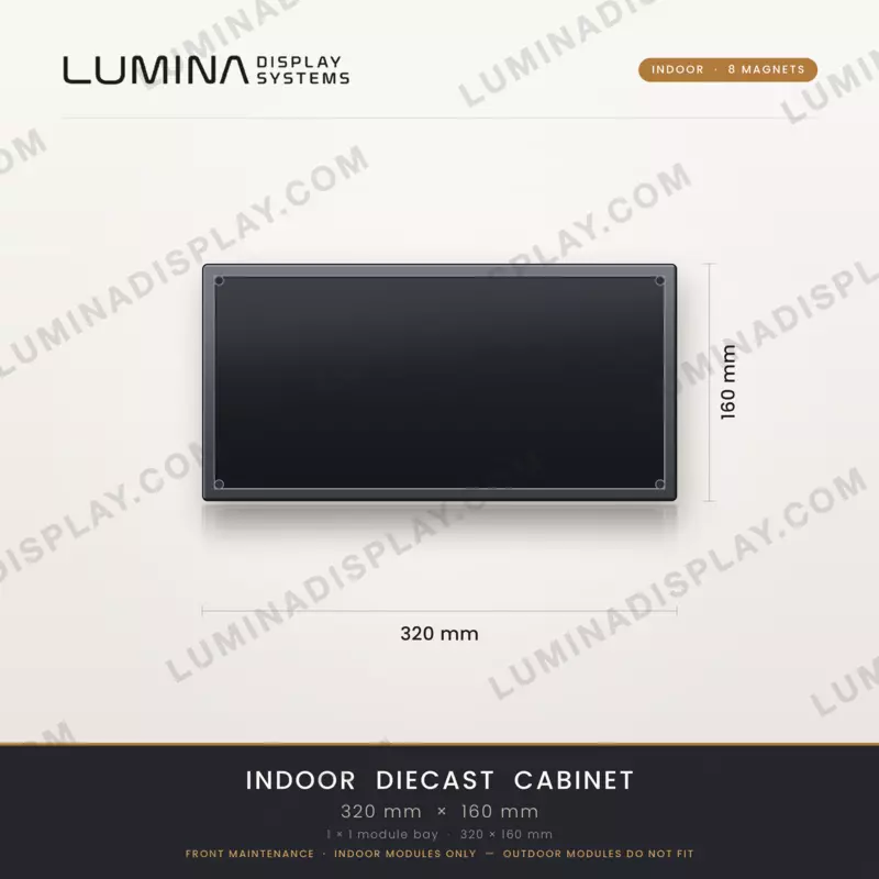 Aluminium diecast indoor LED cabinet 320 x 160 mm with 8 magnet mounts, front service – Lumina
