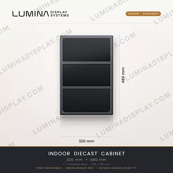 Aluminium diecast indoor LED cabinet 320 x 480 mm, 8 magnet front-service mounting – Lumina