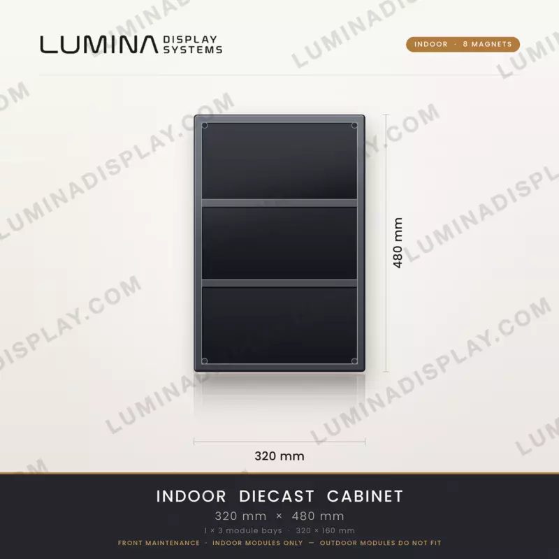 Aluminium diecast indoor LED cabinet 320 x 480 mm, 8 magnet front-service mounting – Lumina