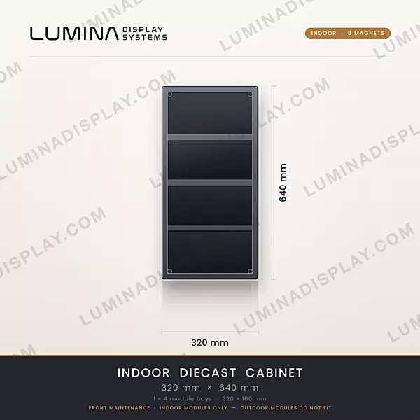 Aluminium diecast indoor LED cabinet 320 x 640 mm with 8 magnet mounts, bezel-free – Lumina