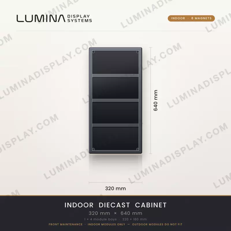 Aluminium diecast indoor LED cabinet 320 x 640 mm with 8 magnet mounts, bezel-free – Lumina