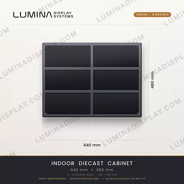 Aluminium diecast indoor LED cabinet 640 x 480 mm, 8 magnet mounts, front service – Lumina