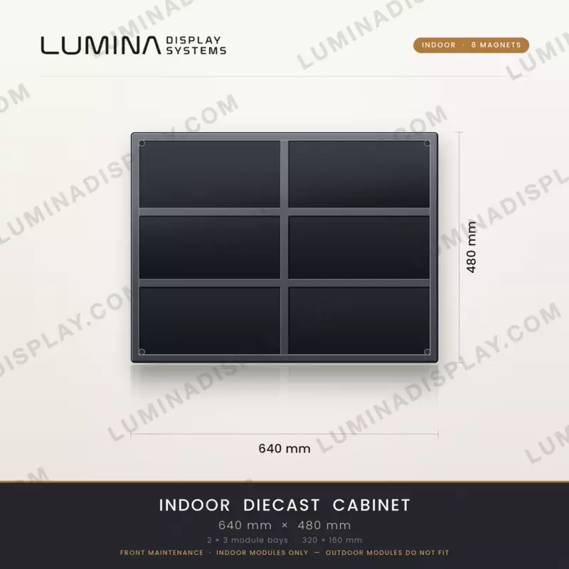 Aluminium diecast indoor LED cabinet 640 x 480 mm, 8 magnet mounts, front service – Lumina