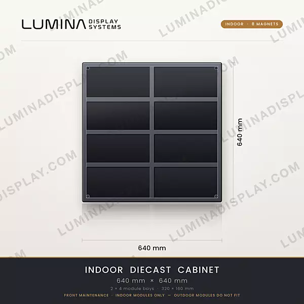 Aluminium diecast indoor LED cabinet 640 x 640 mm with 8 magnet module mounts – Lumina
