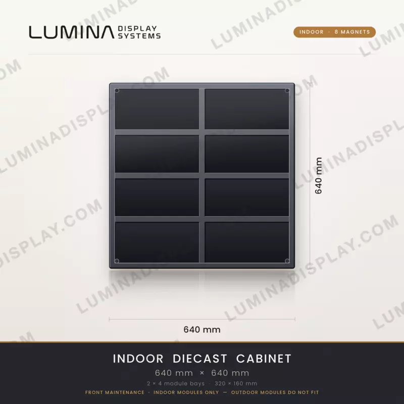 Aluminium diecast indoor LED cabinet 640 x 640 mm with 8 magnet module mounts – Lumina