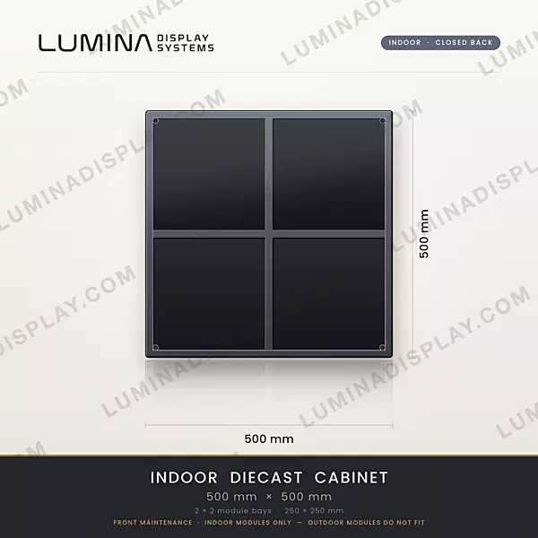 Aluminium diecast indoor LED cabinet 500 x 500 mm, closed back, front service – Lumina