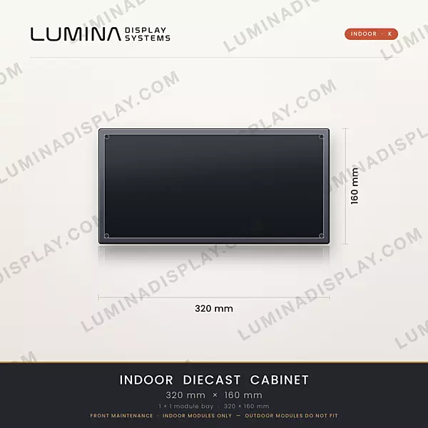 Aluminium diecast indoor LED cabinet 320 x 160 x 48 mm, K type, front service – Lumina