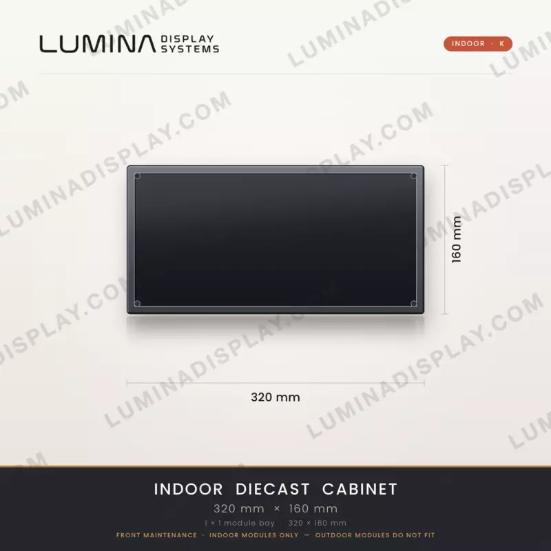 Aluminium diecast indoor LED cabinet 320 x 160 x 48 mm, K type, front service – Lumina