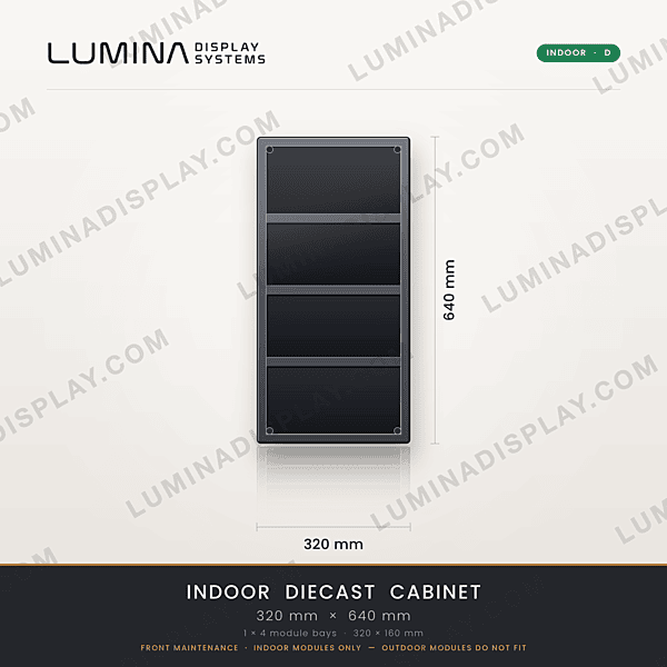 Aluminium diecast indoor LED cabinet 320 x 640 x 48 mm, D type, four modules, 2.0 kg – Lumina
