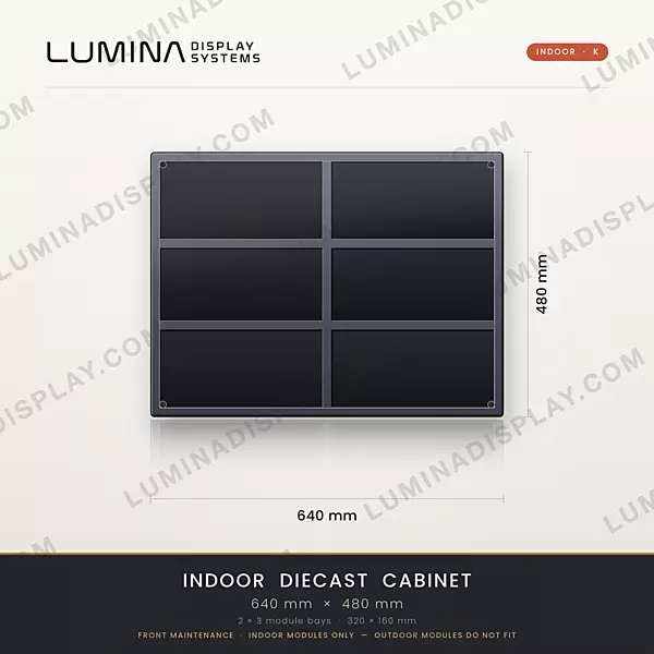 Aluminium diecast indoor LED cabinet 640 x 480 x 48 mm, K type, six modules, 2.8 kg – Lumina