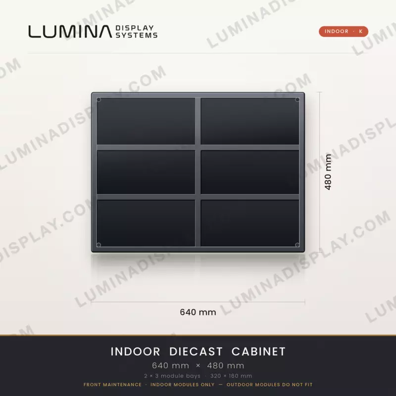 Aluminium diecast indoor LED cabinet 640 x 480 x 48 mm, K type, six modules, 2.8 kg – Lumina