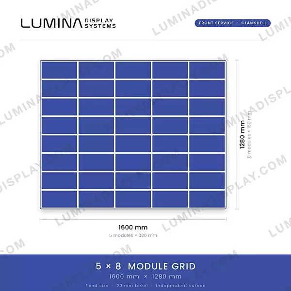 Clamshell front-service MS GI outdoor LED cabinet 1600 x 1280 mm, 140 mm deep – Lumina