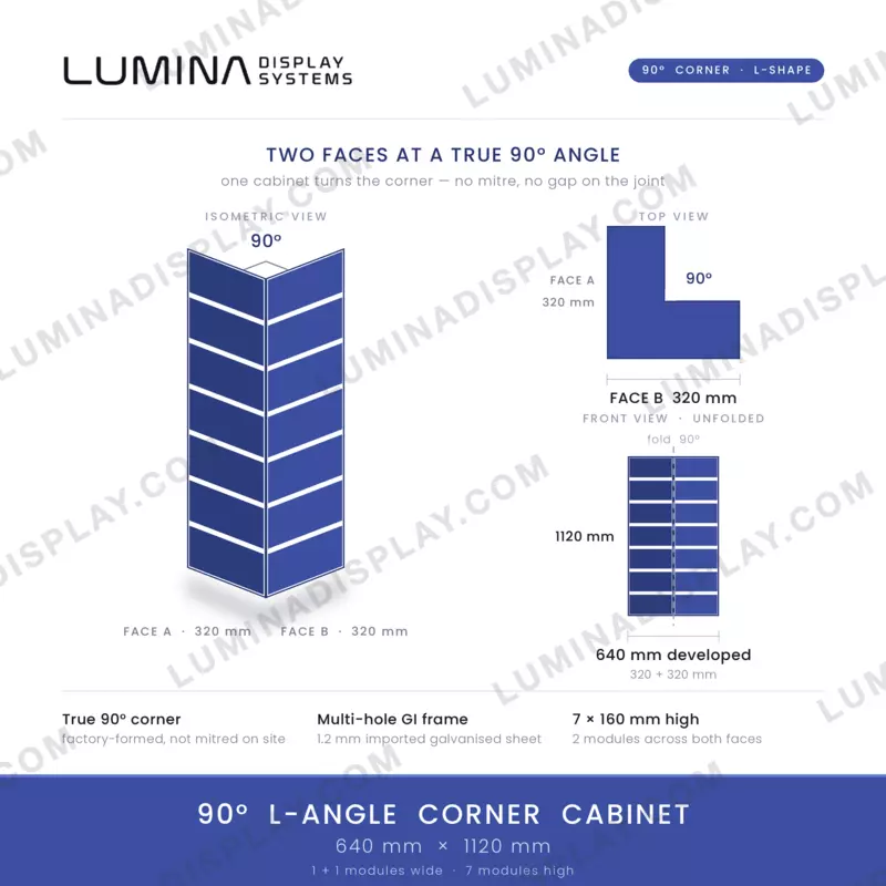 90 degree MS GI corner LED cabinet 640 x 1120 mm P4, powder-coated – Lumina Display Systems