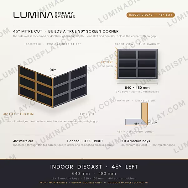 Aluminium diecast indoor 45 degree corner LED cabinet 640 x 480 mm, left or right – Lumina
