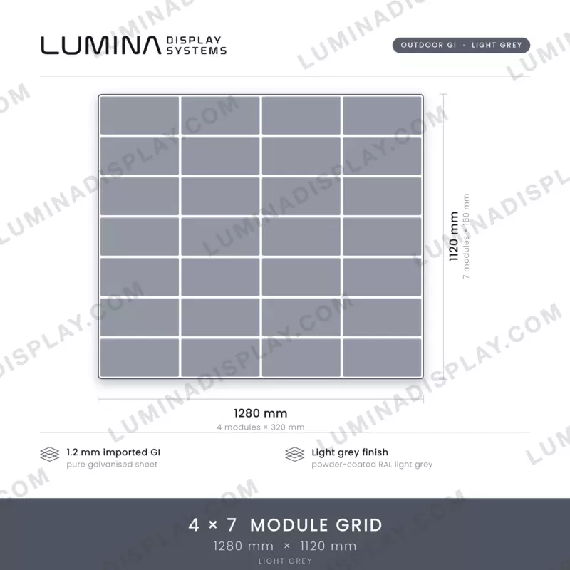 MS GI outdoor P4 LED cabinet 1280 x 1120 mm, grey matte, back service – Lumina Display Systems