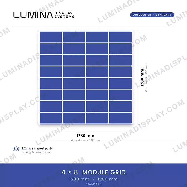 Square 1280 x 1280 mm MS GI outdoor LED cabinet, powder-coated matte, back service – Lumina