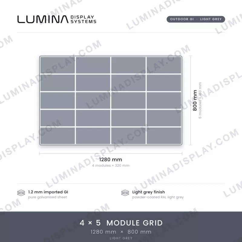 Grey powder-coated MS GI outdoor LED cabinet 1280 x 800 mm, back-service frame – Lumina