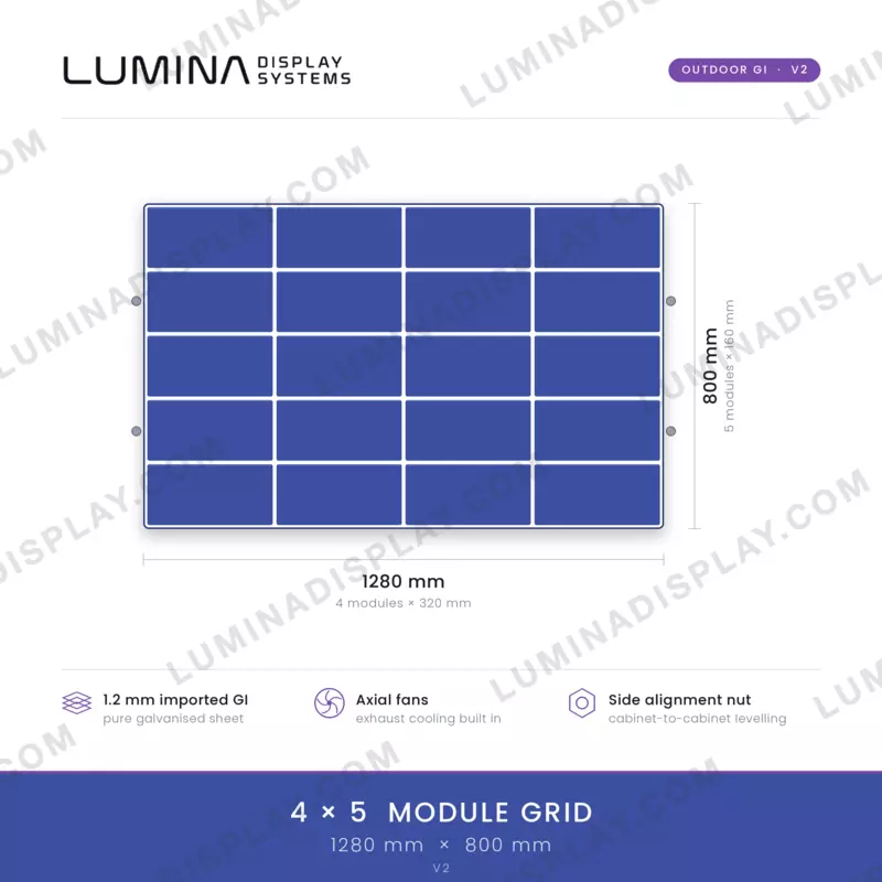 Fan-cooled V2 MS GI outdoor LED cabinet 1280 x 800 mm, no bezel, back service – Lumina