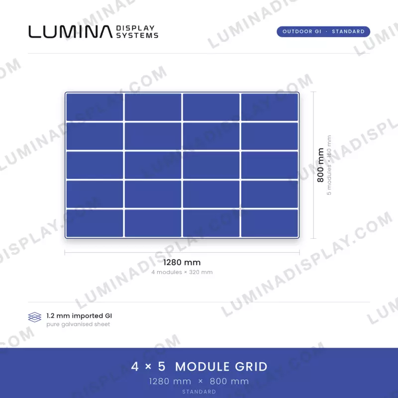 Powder-coated 1.2 mm GI outdoor LED cabinet 1280 x 800 mm, multi-hole module mounting – Lumina