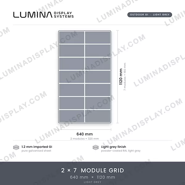 Narrow 640 x 1120 mm MS GI outdoor LED cabinet in grey, back-service design – Lumina