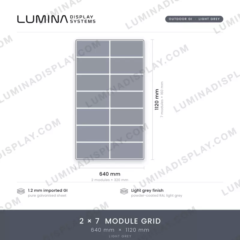 Narrow 640 x 1120 mm MS GI outdoor LED cabinet in grey, back-service design – Lumina