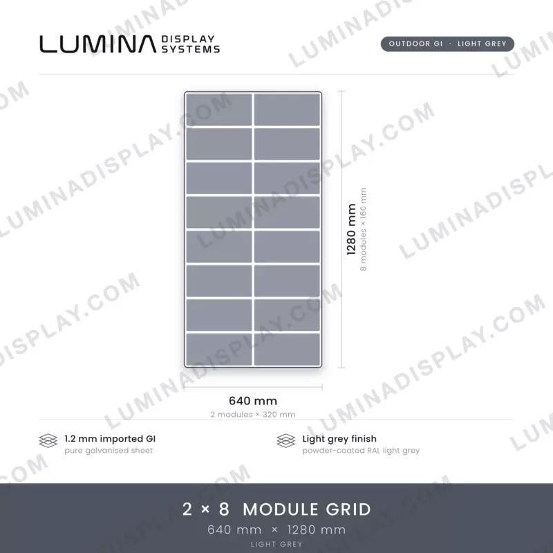 Grey MS GI outdoor LED cabinet 640 x 1280 mm, portrait format, back-service access – Lumina