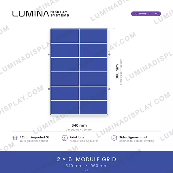 V2 MS GI outdoor LED cabinet 640 x 960 mm with cooling fans, bezel-free frame – Lumina