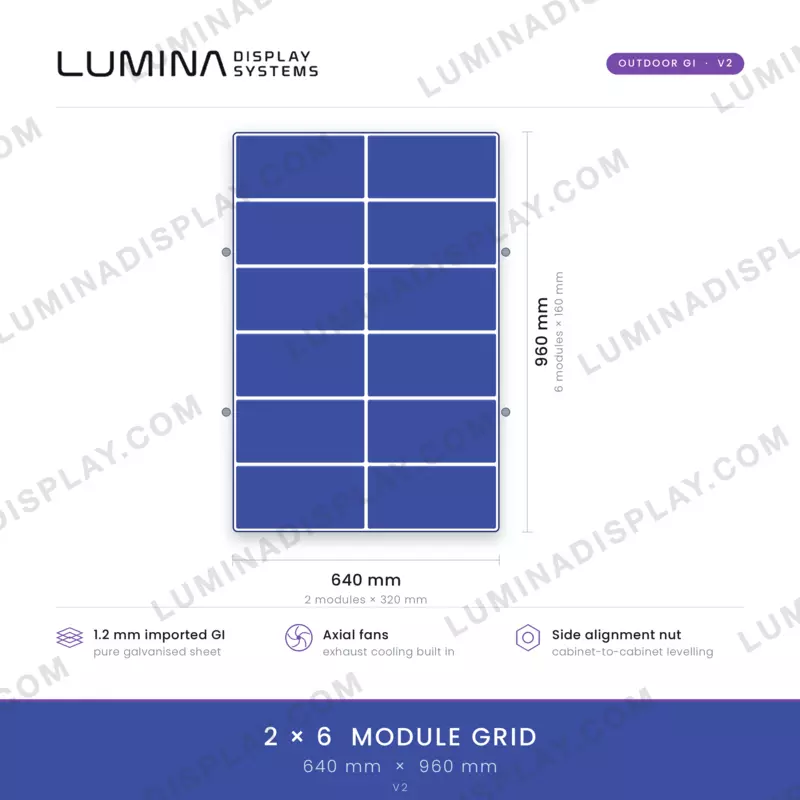 V2 MS GI outdoor LED cabinet 640 x 960 mm with cooling fans, bezel-free frame – Lumina