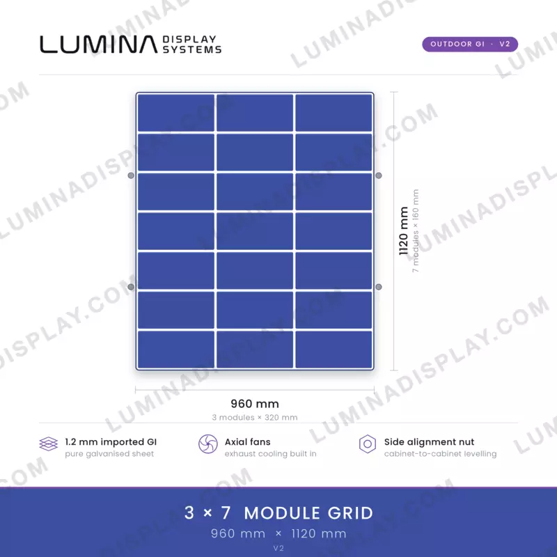 V2 MS GI outdoor LED cabinet 960 x 1120 mm with cooling fans and no bezel – Lumina Display Systems
