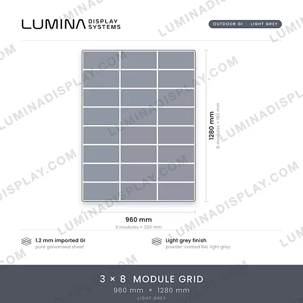Grey MS GI outdoor LED cabinet 960 x 1280 mm, powder-coated, rear-service design – Lumina