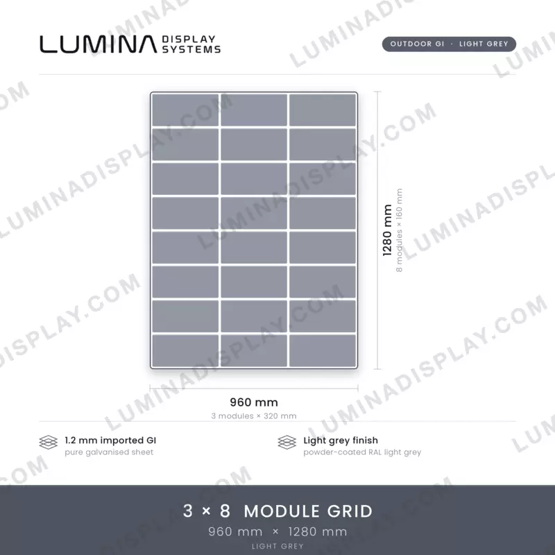 Grey MS GI outdoor LED cabinet 960 x 1280 mm, powder-coated, rear-service design – Lumina