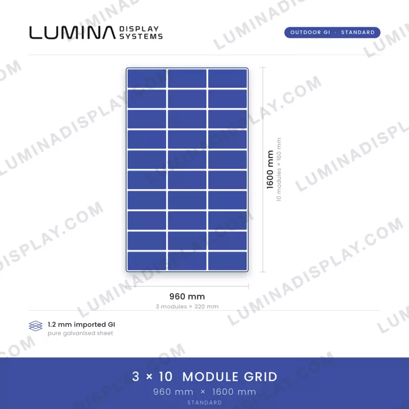 Tall MS GI outdoor P4 LED cabinet 960 x 1600 mm, powder-coated matte, back service – Lumina