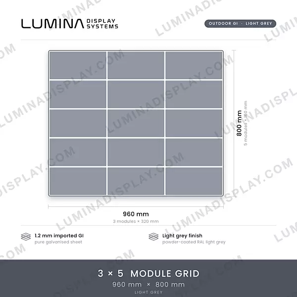 Grey MS GI outdoor LED cabinet 960 x 800 mm, multi-hole module mounting, back service – Lumina