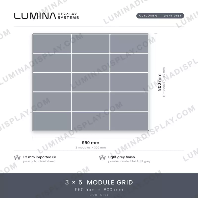 Grey MS GI outdoor LED cabinet 960 x 800 mm, multi-hole module mounting, back service – Lumina