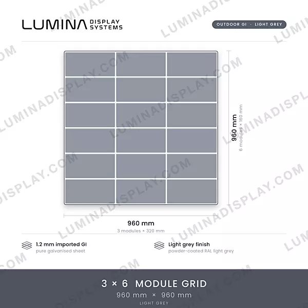Square grey MS GI outdoor LED cabinet 960 x 960 mm, 320 x 160 modules, back service – Lumina