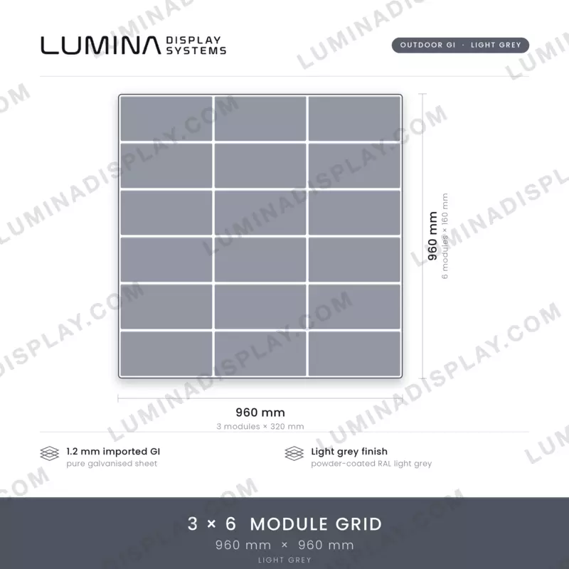 Square grey MS GI outdoor LED cabinet 960 x 960 mm, 320 x 160 modules, back service – Lumina
