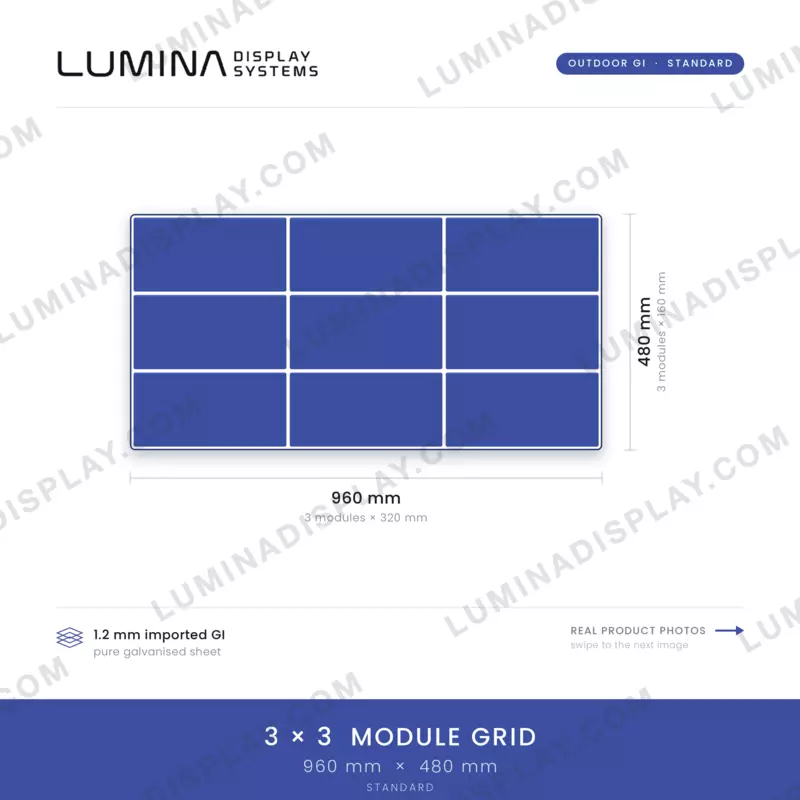 Low-profile fanless MS GI outdoor LED cabinet 960 x 480 mm, no bezel, rear access – Lumina