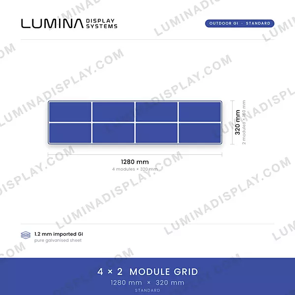 Slim strip MS GI outdoor LED cabinet 1280 x 320 mm, fanless, bezel-free – Lumina Display Systems