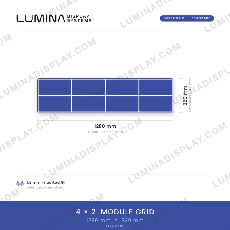 Slim strip MS GI outdoor LED cabinet 1280 x 320 mm, fanless, bezel-free – Lumina Display Systems