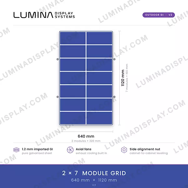 V2 MS GI outdoor LED cabinet 640 x 1120 mm, fan-cooled, bezel-free back-service frame – Lumina